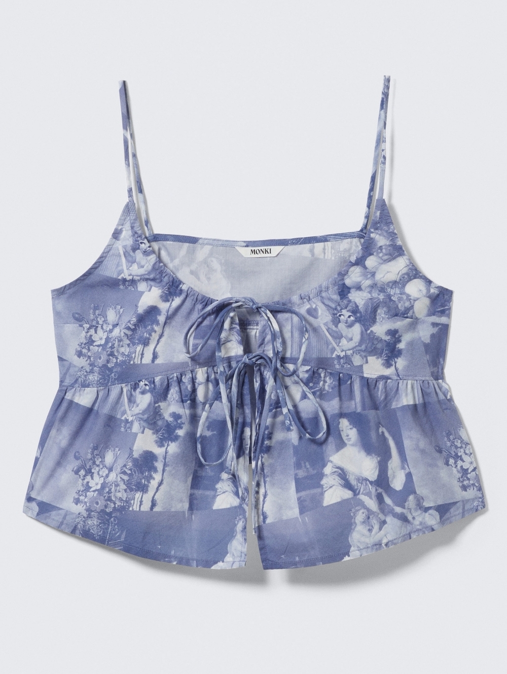 Monki Printed Cotton Tie Front Top In Baroque Collage Blue, Size M